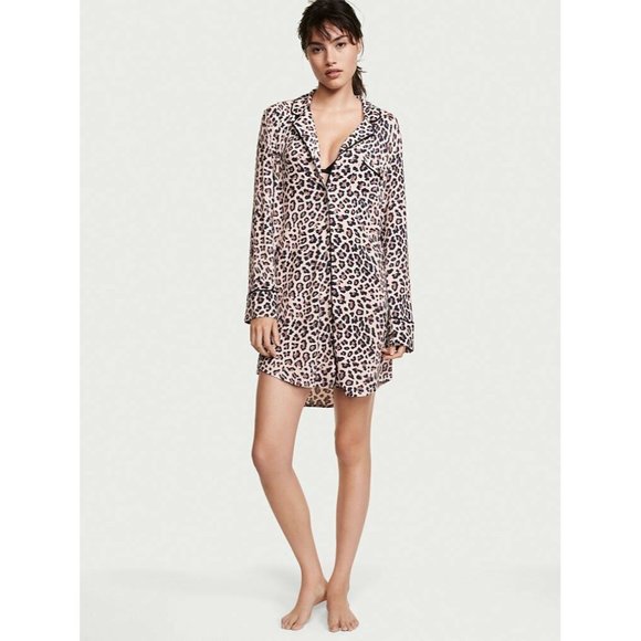 Victoria's Secret Other - Victoria's Secret Sleep Shirt Beige Black Animal Print Button Down